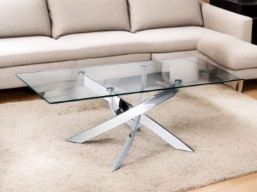 47" Clear and Silver Glass And Steel Cross Legs Coffee Table