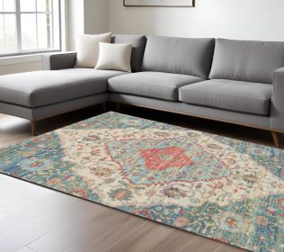 7' X 12' Blue Beige And Brick Red Jute Medallion Handmade Area Rug