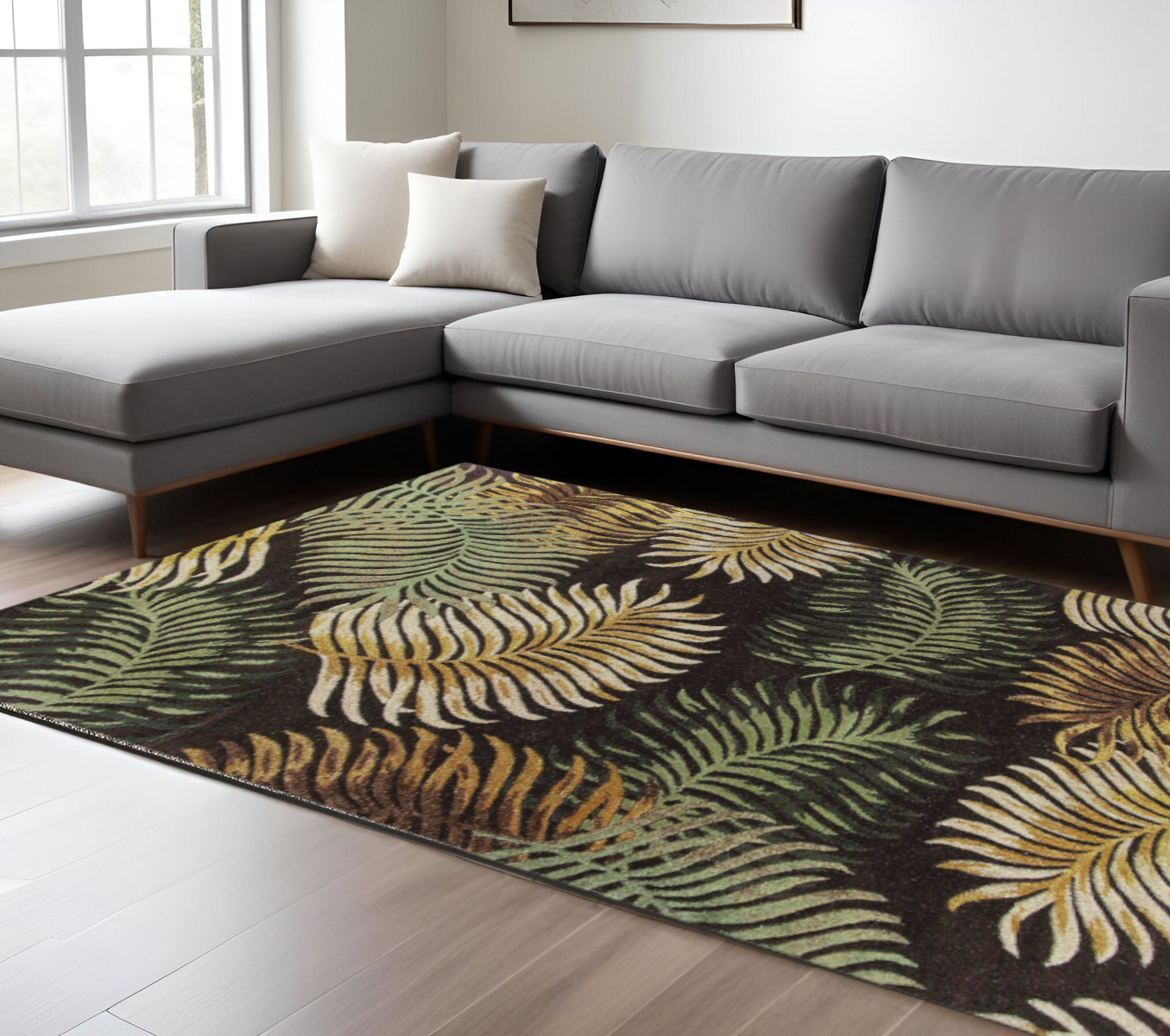 8' X 10' Espresso Beige And Green Wool Botanical Leaves Hand Tufted Area Rug