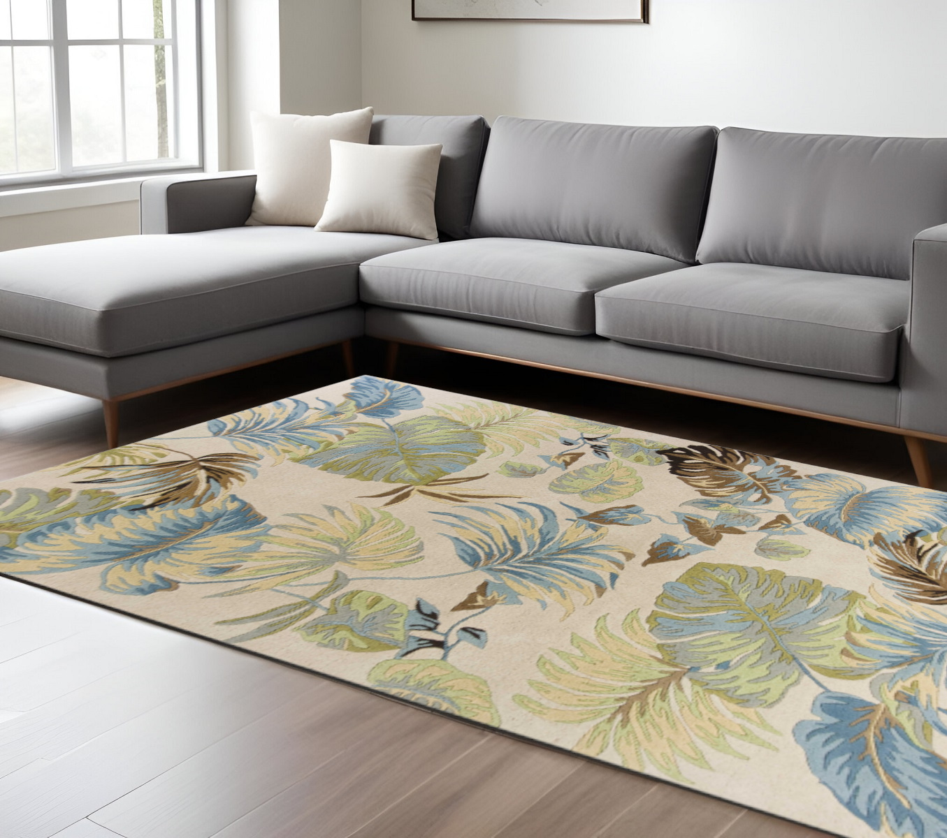 8' X 10' Ivory And Blue Wool Botanical Leaves Hand Tufted Area Rug