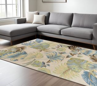 8' X 10' Ivory And Blue Wool Botanical Leaves Hand Tufted Area Rug