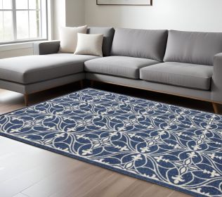 7' X 9' Blue And Ivory Floral Medallion Area Rug