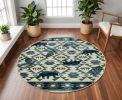 8' Ivory And Blue Southwestern Round Rug