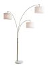 74" Brass Three Light Arc Floor Lamp With Off White Fabric Drum Shade