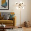 64" Brass Six Light LED Novelty Floor Lamp With White Glass Globe Shades