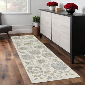8' Ivory Gray And Green Wool Floral Hand Tufted Runner Rug
