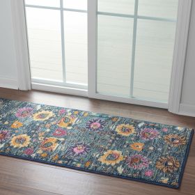 6' Blue And Orange Floral Distressed Runner Rug