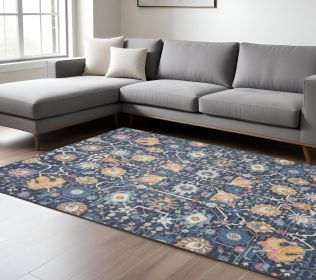 8' X 10' Navy Blue Yellow And Pink Floral Area Rug