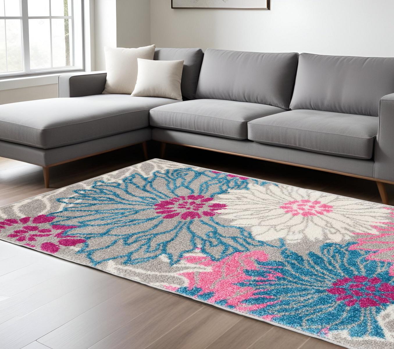 8' X 10' Gray And Pink Floral Area Rug