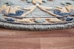 3' Beige And Blue Wool Floral Hand Woven Round Rug