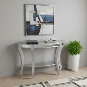 46" Silver Mirrored Glass Half Circle Console Table With Storage