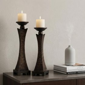Set of Two Bronze Polyresin Woven Tabletop Pillar Candle Holders With Candle