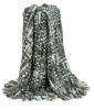 Green and White Knitted Cotton Blend Abstract Throw Blanket with Fringe