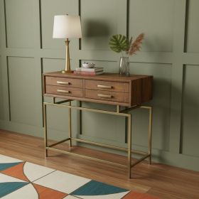 36" Brown and Brass Solid Wood Distressed Frame Console Table With Storage