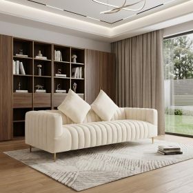 90" Ivory Velvet Sofa And Toss Pillows With Gold Legs