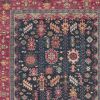 5' X 8' Dark Pink Blue And Black Wool Tribal Hand Knotted Distressed Area Rug With Fringe