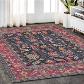 5' X 8' Dark Pink Blue And Black Wool Tribal Hand Knotted Distressed Area Rug With Fringe