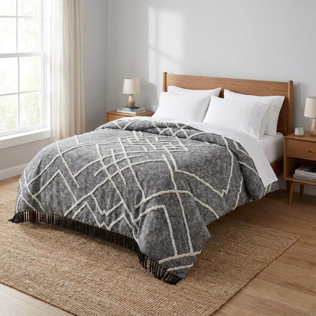 Charcoal and Off White Geometric Twin Cotton Coverlet With Fringe