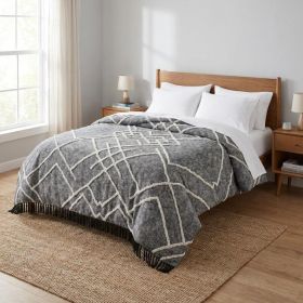 Charcoal and Off White Geometric Twin Cotton Coverlet With Fringe