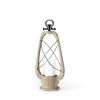21" Brown And Black Distressed Abstract Solid Wood Metal And Glass Tabletop Lantern Candle Holder