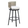 31" Black Natural and White Aluminum And Faux Rattan Swivel Bar Height Bar Chair