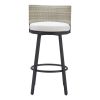 31" Black Natural and White Aluminum And Faux Rattan Swivel Bar Height Bar Chair