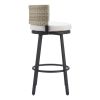 31" Black Natural and White Aluminum And Faux Rattan Swivel Bar Height Bar Chair