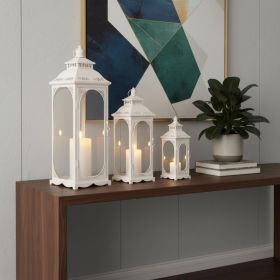 Set of Three Clear And White Glass And Metal Floor Lantern Candle Holders