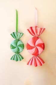 SET/2 LARGE PAINTED METAL COLORFUL CHRISTMAS CANDY ORNAMENTS