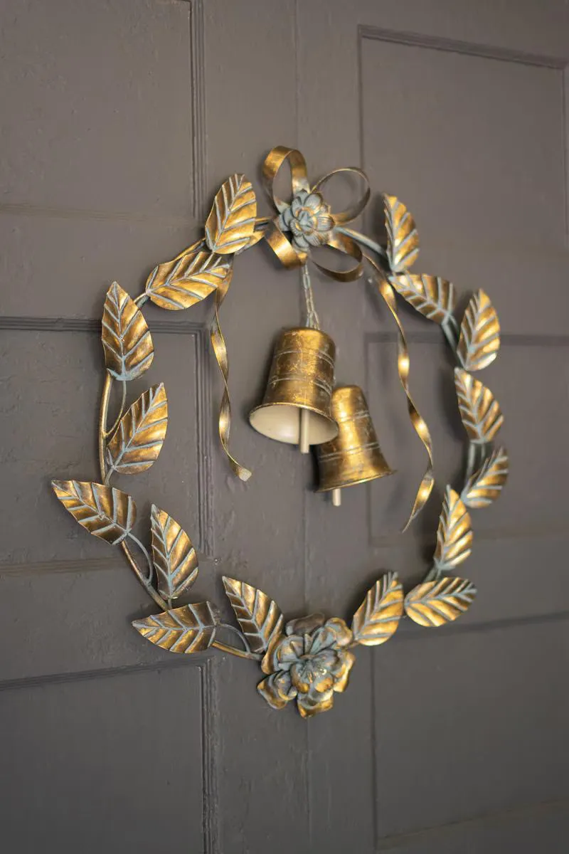 ANTIQUE BRASS CHRISTMAS WREATH LEAVES AND BELLS