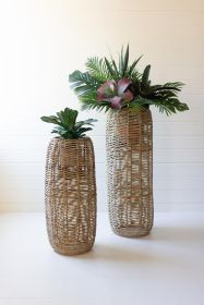 SET OF TWO WOVEN SEAGRASS AND IRON BARREL PLANTERS