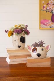 SET OF TWO CERAMIC BLACK AND WHITE DOG HEAD PLANTERS