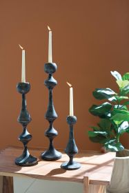 SET OF THREE PATINA METAL CANDLE TOWERS