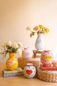 SET OF FIVE CERAMIC HEARTS WITH WORDS VASES