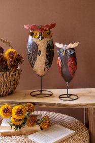 SET OF TWO RECYCLED IRON OWLS ON STANDS