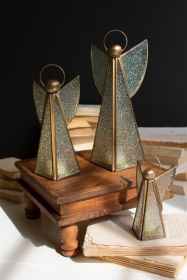 SET OF THREE ANTIQUE BRASS AND GLASS CHRISTMAS ANGELS TLITE HOLDER