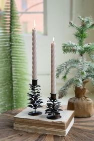 SET OF EIGHT ANTIQUE BROWN METAL PINE CONE TAPER CANDLE HOLDERS