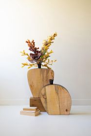 SET OF TWO MANGO WOOD AND METAL VASES