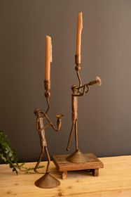 SET OF TWO FORGED IRON TRUMPET AND SAXAPHONE TAPER CANDLE HOLDERS