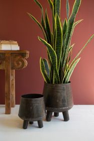 SET OF TWO HAND - HAMMERED IRON PLANTERS WITH LEGS