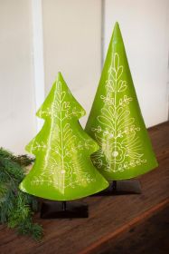SET OF TWO RECYCLED PAINTED METAL FOLK CHRISTMAS TREES