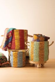 SET OF THREE SEAGRASS BASKET WITH MULTI-COLORED STRIPES