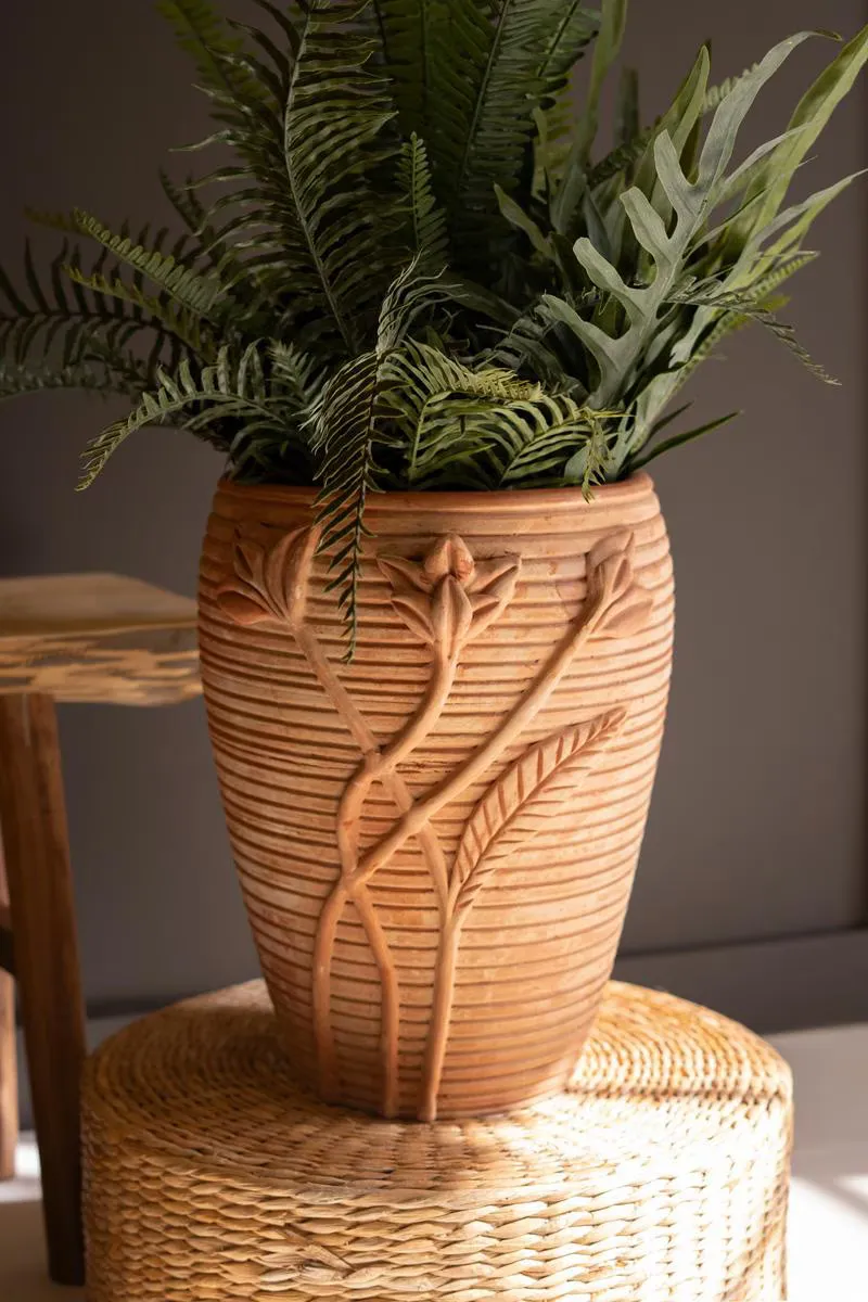 TERRACOTTA URN WITH FLOWERS DETAIL