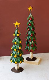 SET OF TWO RECYCLED METAL CHRISTMAS TREES W APPLES & LEMONS