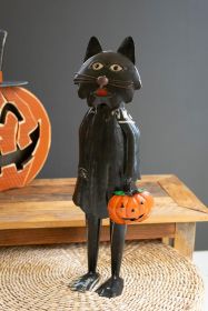 RECYCLED IRON STANDING BLACK HALLOWEEN CAT HOLDING PUMPKIN