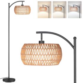 63'' Dimmable Arc Rattan Floor Lamp, Black Standing Lamp with Rattan Fabric Double Drum Shade, Boho Farmhouse Tall Lamp for Living Room