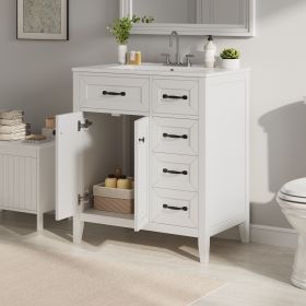 30" White Bathroom Vanity with Ceramic Sink, Freestanding Vanity with Black Metal Handles, Solid Wood Legs, Soft-Close Doors & Drawers, Ample Storage