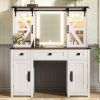 43.3" Farmhouse Makeup Vanity Desk with Lighted Mirror, Vanity Table Set with Charging Station