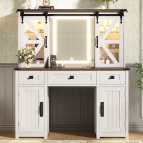 43.3" Farmhouse Makeup Vanity Desk with Lighted Mirror, Vanity Table Set with Charging Station