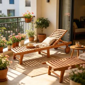 Outdoor Folding Chaise Lounge Chair Recliner with Wheels Teak Acacia Wood Frame Comfortable Garden Furniture in Teak Color